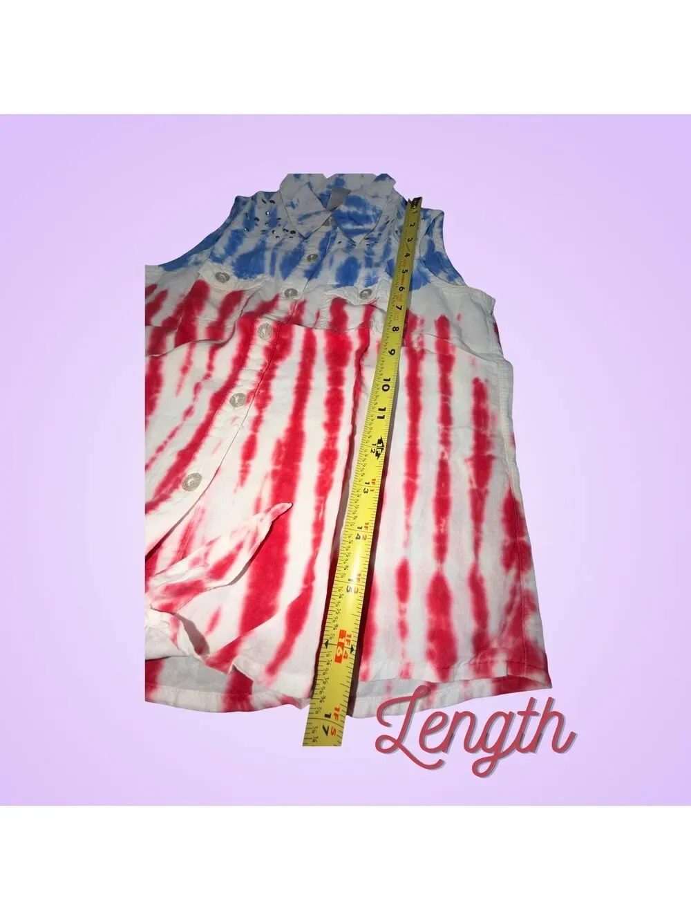 Justice Size 8 Girls Patriotic Tie Dye Studded Sleeveless Button Up Shirt Top